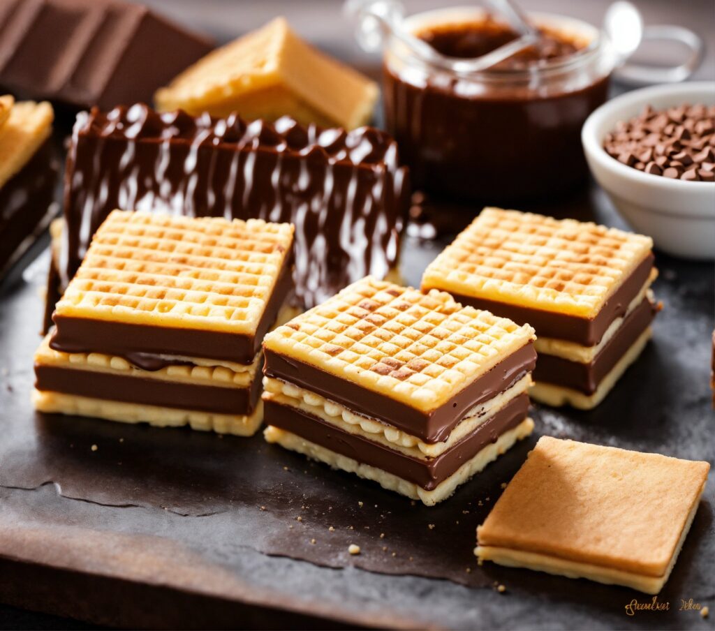 Stacked slices of Easy Slutty Brownies showcasing the cookie dough, Oreo, and brownie layers, with a gooey center