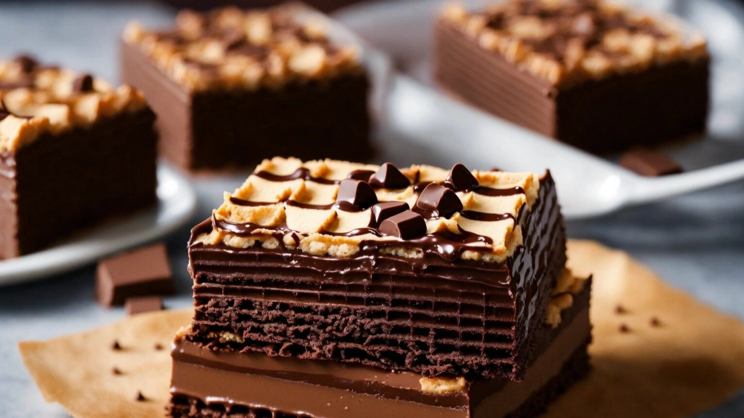 Layers of gooey Easy Slutty Brownies with a cookie dough base, fudgy brownie layer, and chunks of Oreo cookies, cut into squares and arranged on a plate