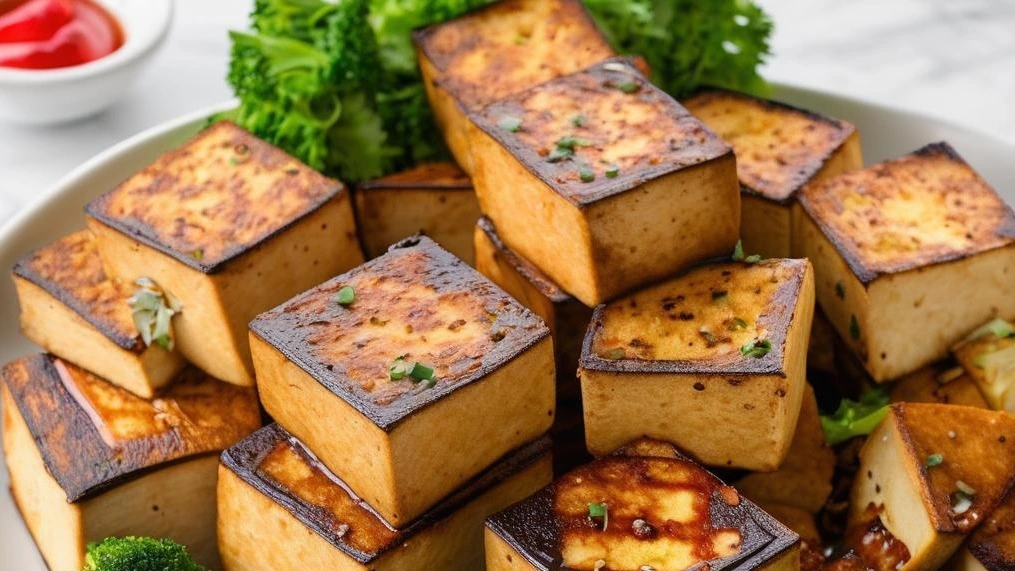 Golden cubes of baked tofu on a parchment-lined baking sheet, garnished with sesame seeds and chopped green onions