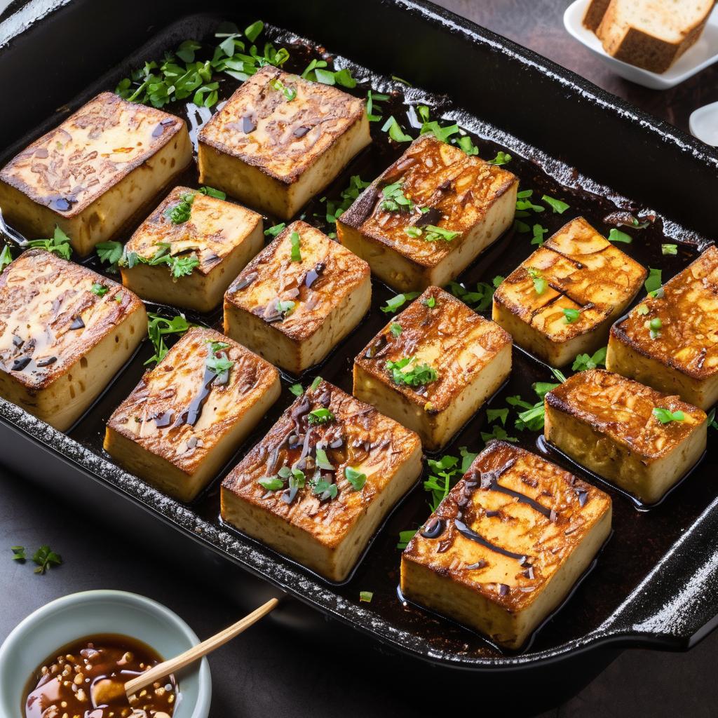 Plate of baked tofu cubes with a light drizzle of sesame oil, garnished with fresh herbs and served with steamed vegetables