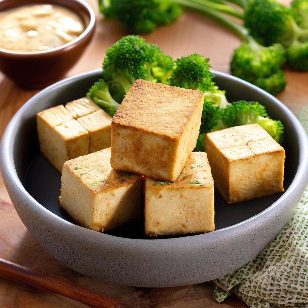 Close-up of perfectly baked tofu cubes with a crispy golden exterior, placed on a cooling rack with a side of dipping sauce