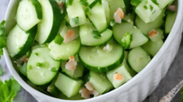 A fresh cucumber salad with sliced cucumbers, red onions, and a tangy vinaigrette dressing.