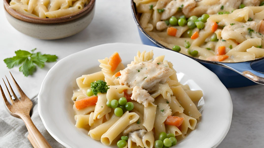 A creamy chicken pot pie pasta topped with shredded chicken, peas, carrots, and a golden breadcrumb crust, served in a skillet