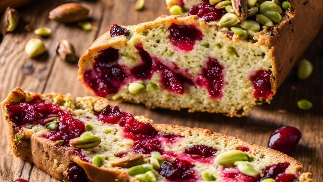 Golden-brown pistachio cranberry biscotti slices, studded with vibrant red cranberries and green pistachios, arranged on a white plate next to a cup of coffee