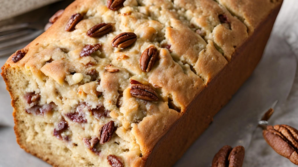 A slice of Alabama Pecanbread, golden-brown and moist, studded with crunchy pecans, served on a rustic plate with a fork