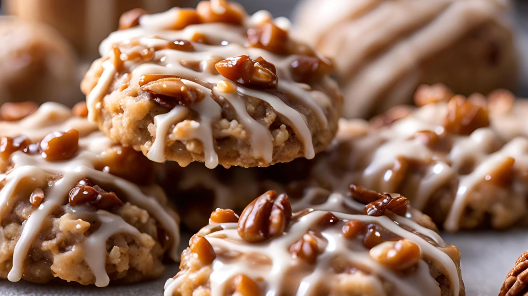 Glossy and golden-brown No-Bake Coconut Pecan Praline Cookies, featuring shredded coconut and crunchy pecans, arranged on wax paper to set