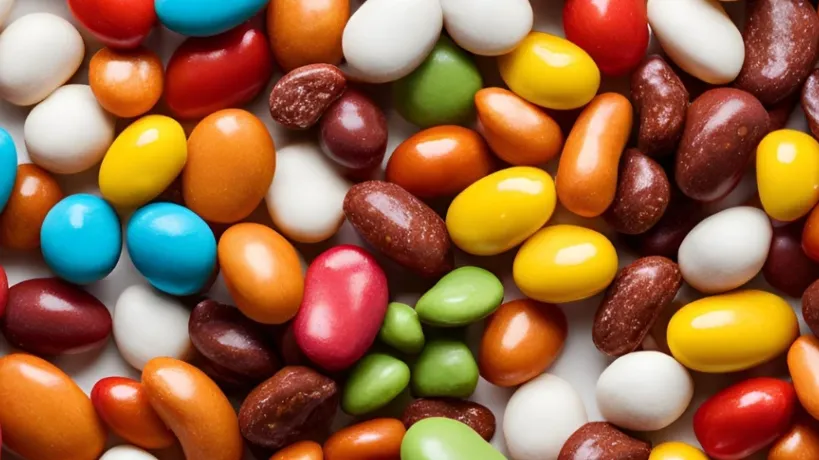 Close-up of Boston Baked Beans candy-coated peanuts with a glossy red outer shell