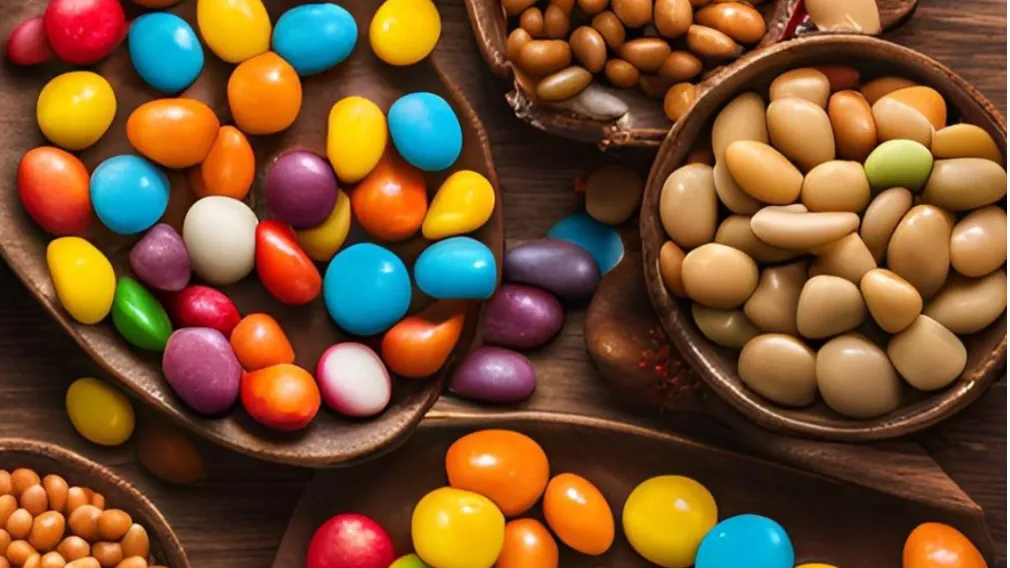 A handful of Boston Baked Beans candy-coated peanuts with a shiny red shell