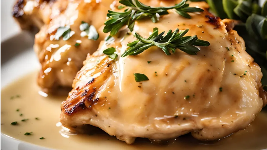 A plate of reheated Ruth’s Chris chicken served with creamy mashed potatoes and vegetables