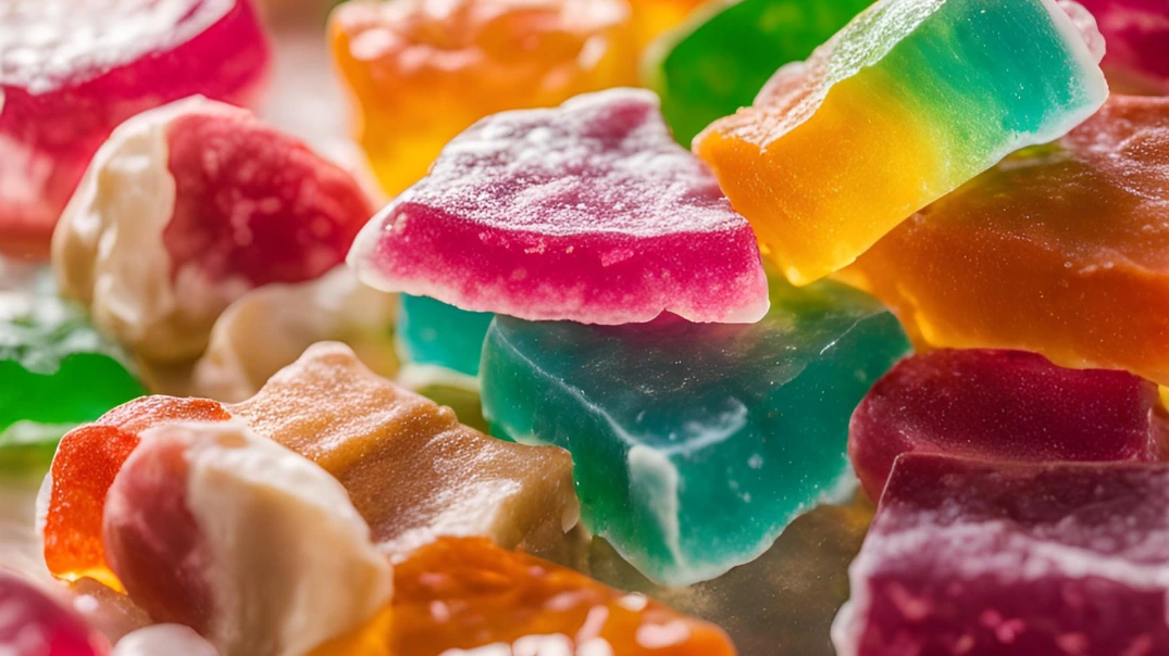 Soft white nougat candy pieces filled with colorful fruit-flavored jelly chunks, arranged neatly on a white plate