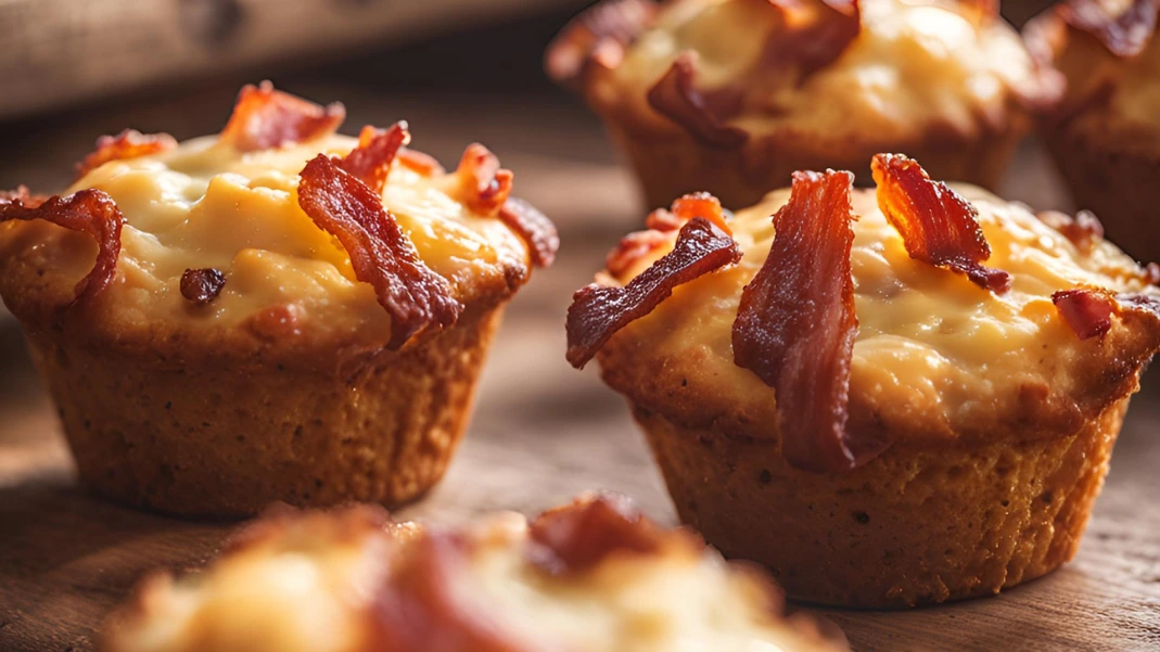 Golden-brown cheese and bacon muffins, fresh out of the oven, with crispy edges and melty cheese, served on a rustic wooden board