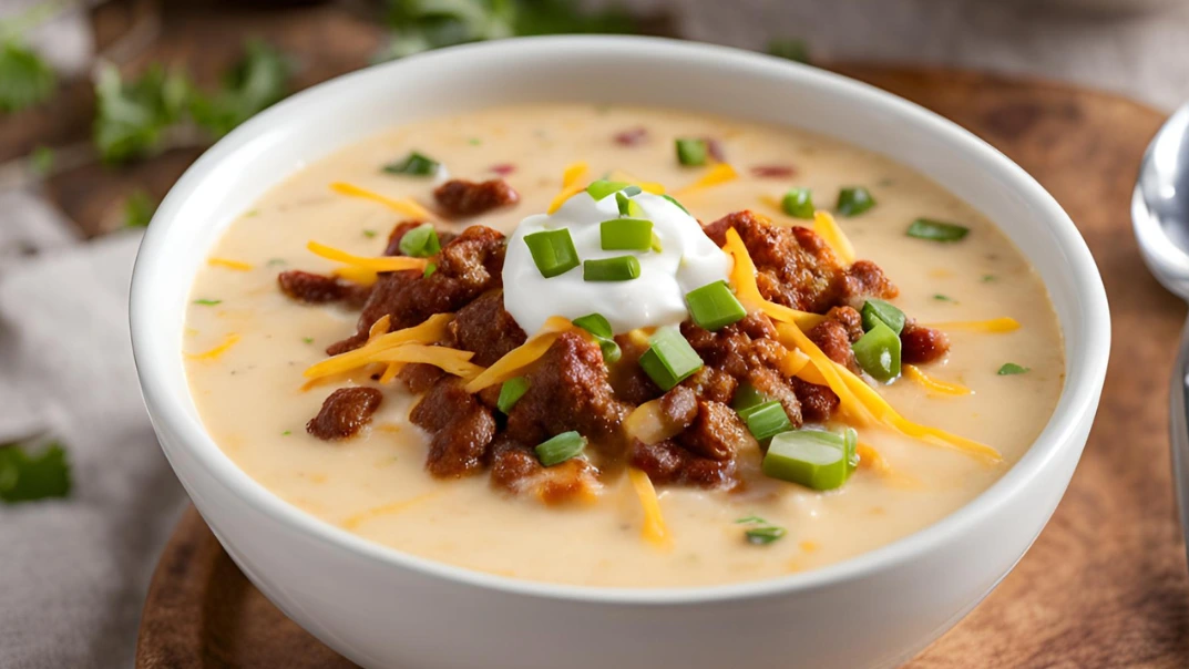 A creamy bowl of baked potato soup topped with crispy bacon bits, shredded cheddar cheese, and green onions, served with a side of crusty bread