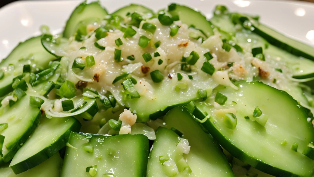 Refreshing Din Tai Fung-style cucumber salad served in a bowl, garnished with crushed garlic, red chili flakes, and sesame oil.