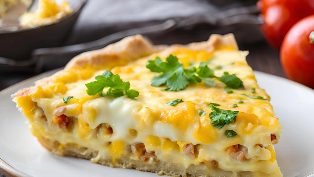 A golden-brown tortilla egg cheese bake served in a casserole dish, with melted cheese and fresh herbs garnished on top