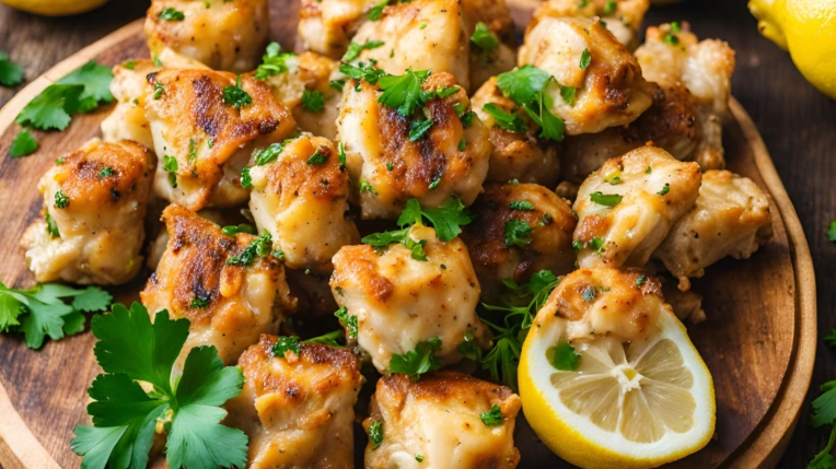 Lemon garlic chicken bites served on a plate, garnished with fresh herbs