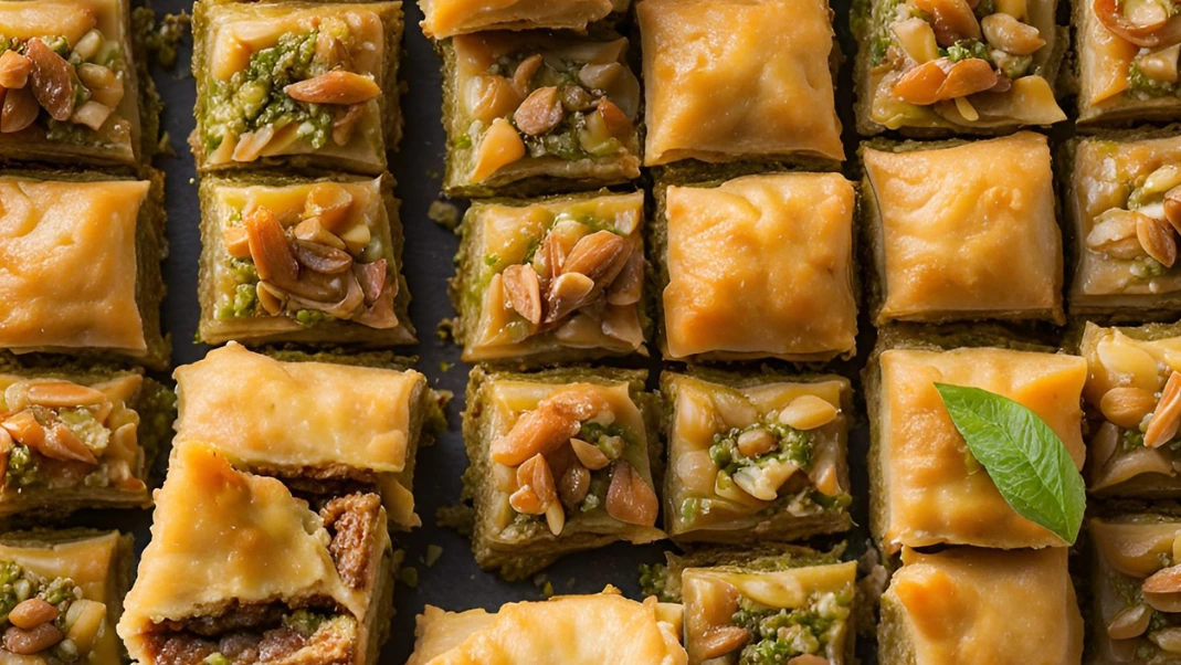 Greek baklava and Turkish baklava side by side showcasing differences in presentation, nuts, and syrup