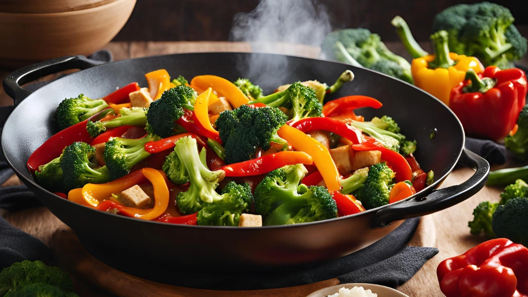 A vibrant stir-fry with sugar snap peas, bell peppers, and sesame seeds in a wok.