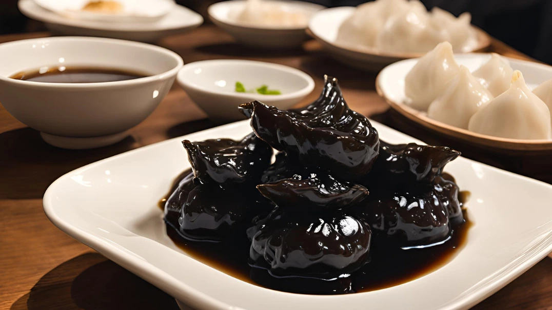 A bowl of Din Tai Fung dumplings with a dipping sauce made from black vinegar and soy sauce