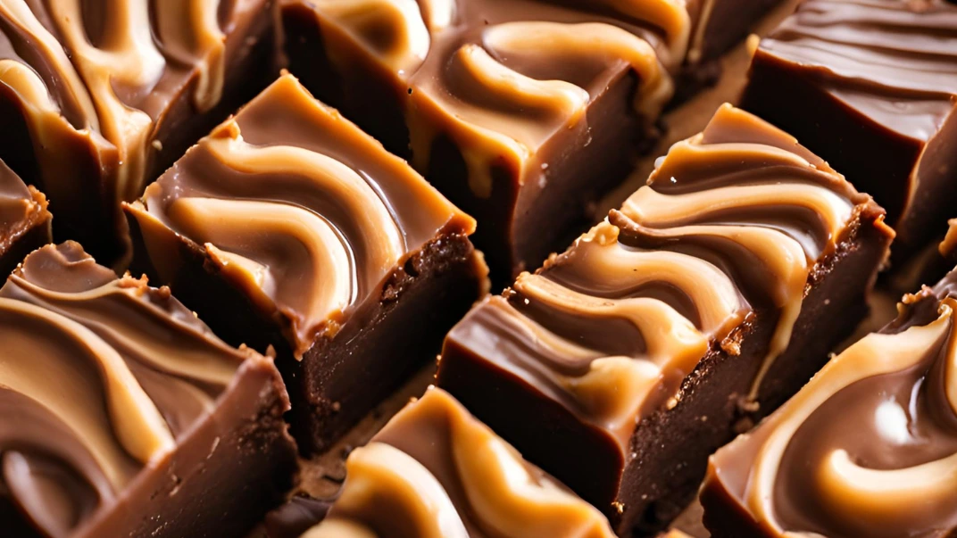 A close-up of rich and creamy Peanut Butter Fantasy Fudge squares, arranged on a wooden board, with a smooth texture and a golden hue, garnished with chopped peanuts