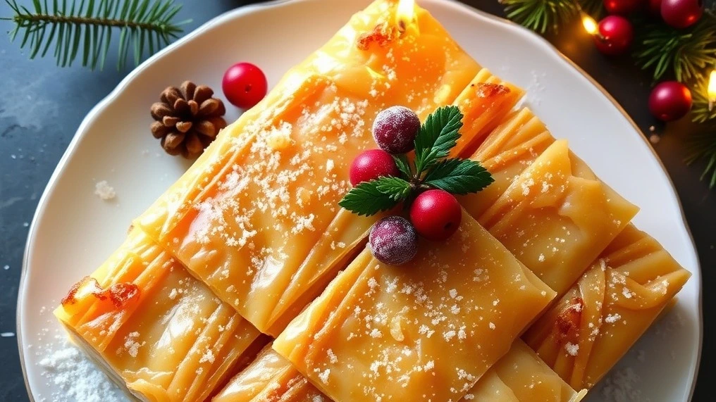 A festive platter of Christmas Baklava, layered with golden, flaky phyllo dough, nuts, and drizzled with honey syrup, garnished with chopped pistachios and dried cranberrie