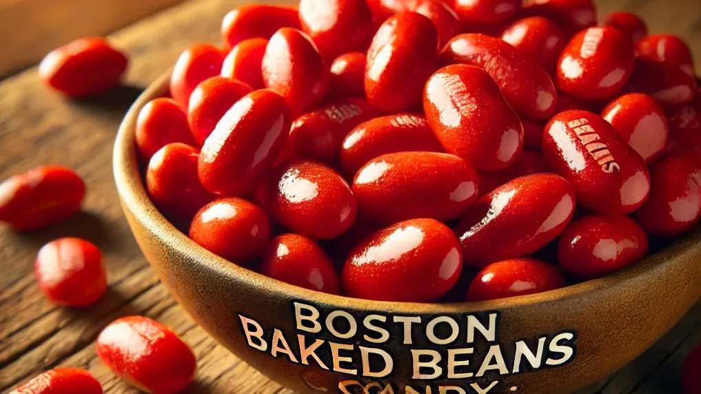 A handful of glossy Boston Baked Beans candy, coated in a shiny red candy shell, scattered on a white surface