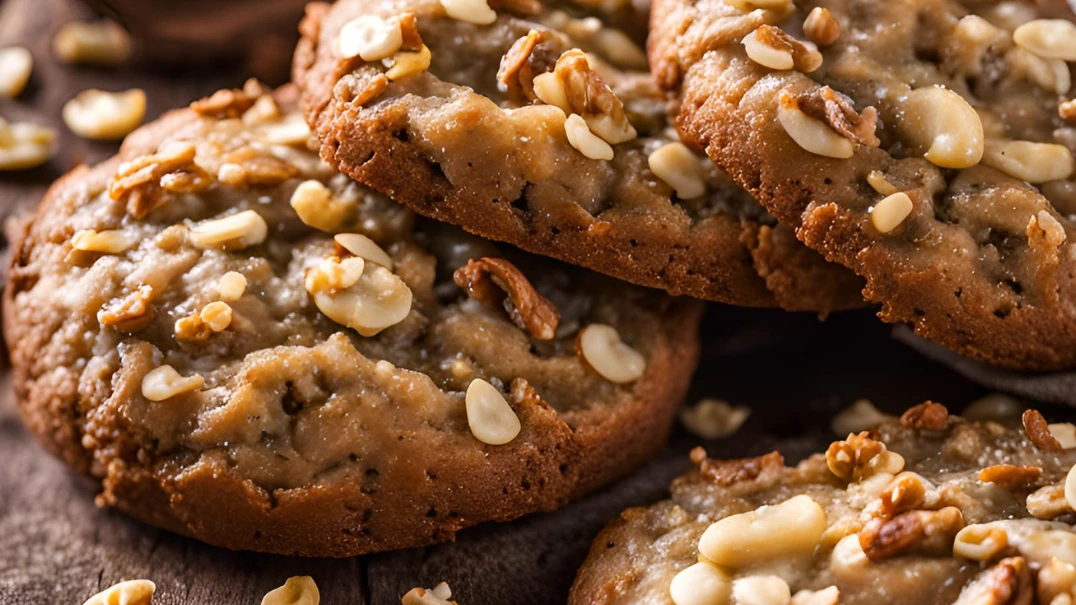 Soft and chewy Banana Nut Bread Cookies, topped with chopped walnuts, arranged on a baking sheet lined with parchment paper