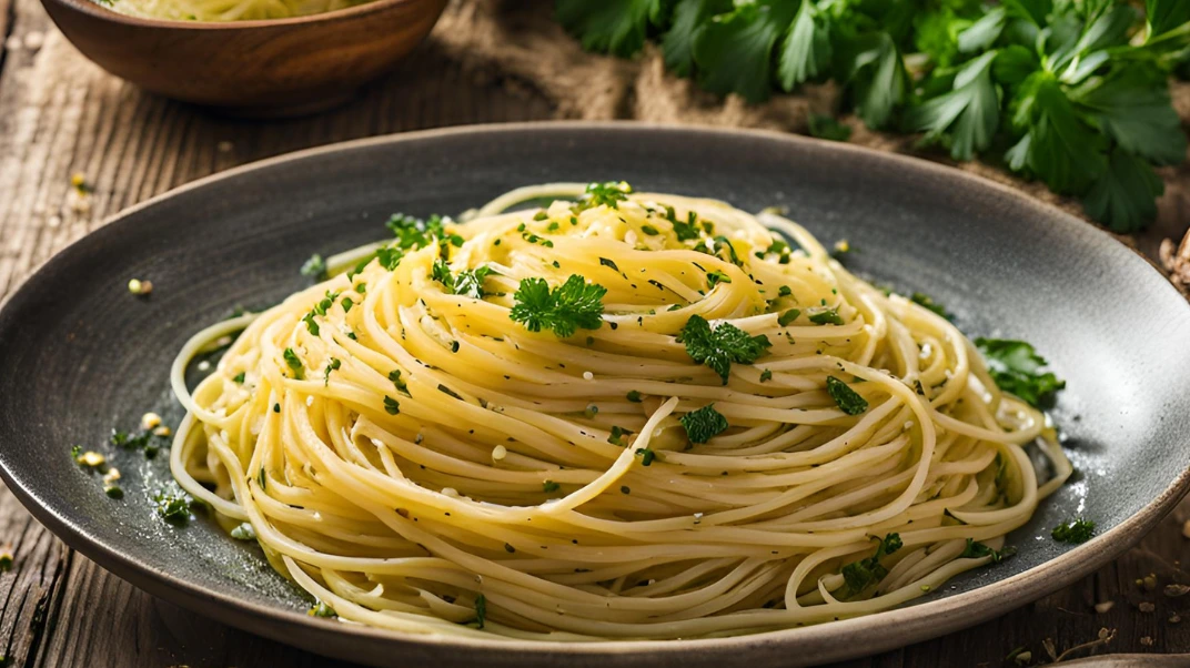 A plate of spaghetti aglio e olio garnished with fresh parsley, red pepper flakes, and grated Parmesan, served with a drizzle of olive oil