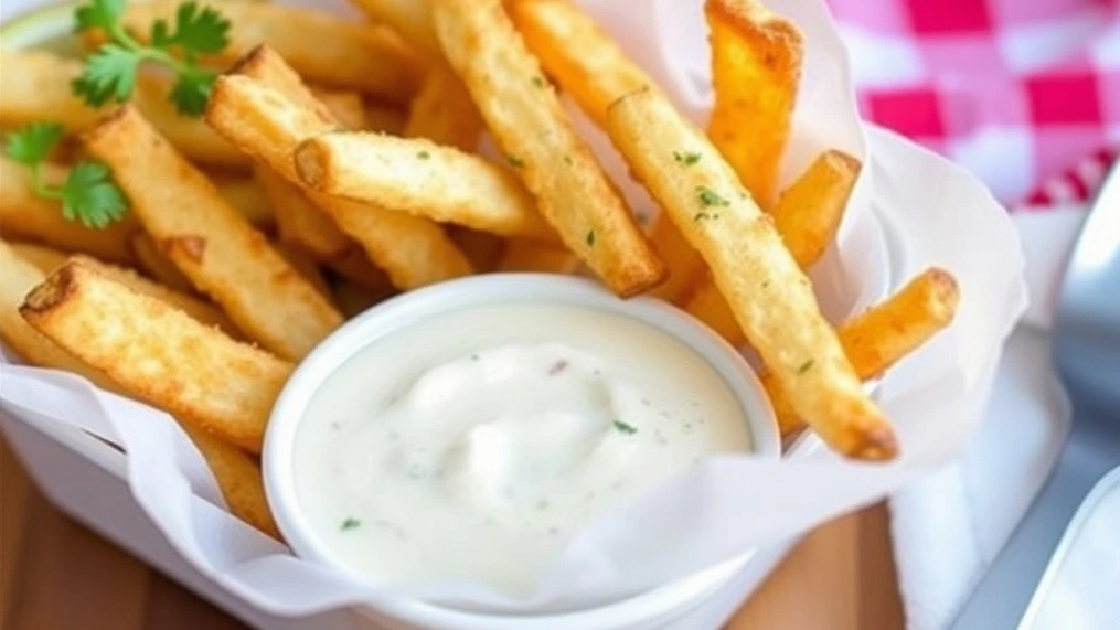 A plate of golden Crispy Baked Fries served with a creamy roasted garlic aioli dipping sauce, garnished with parsley and sprinkled with sea salt