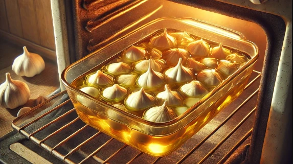 A jar of golden Garlic Confit with tender roasted garlic cloves submerged in olive oil, surrounded by fresh thyme sprigs and a loaf of crusty bread