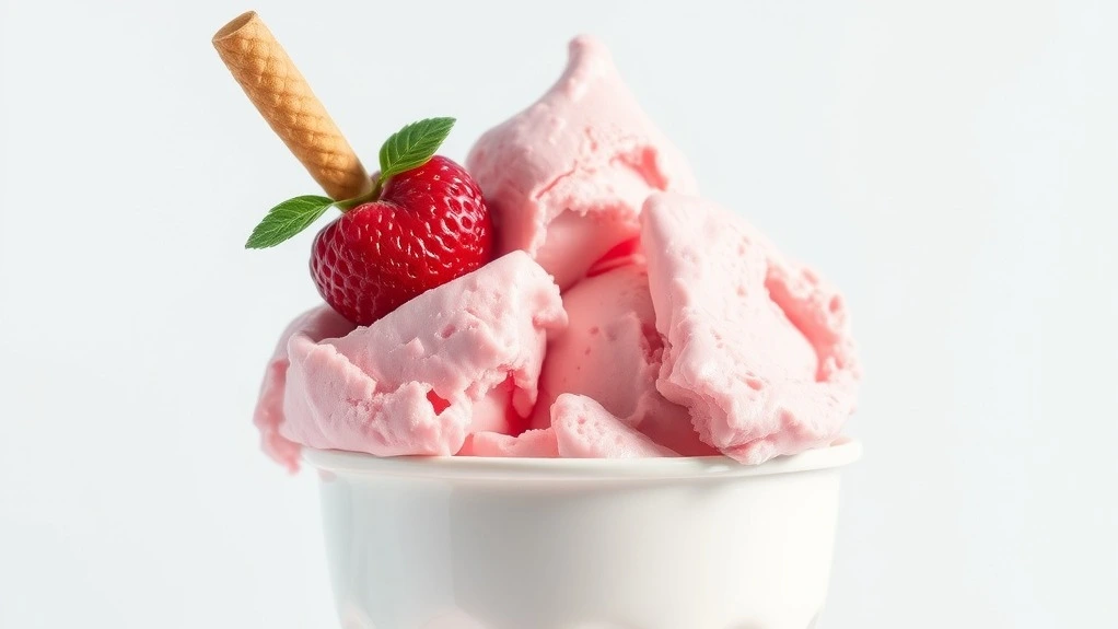 A scoop of vibrant pink ice cream in a waffle cone, topped with sprinkles, set against a pastel background