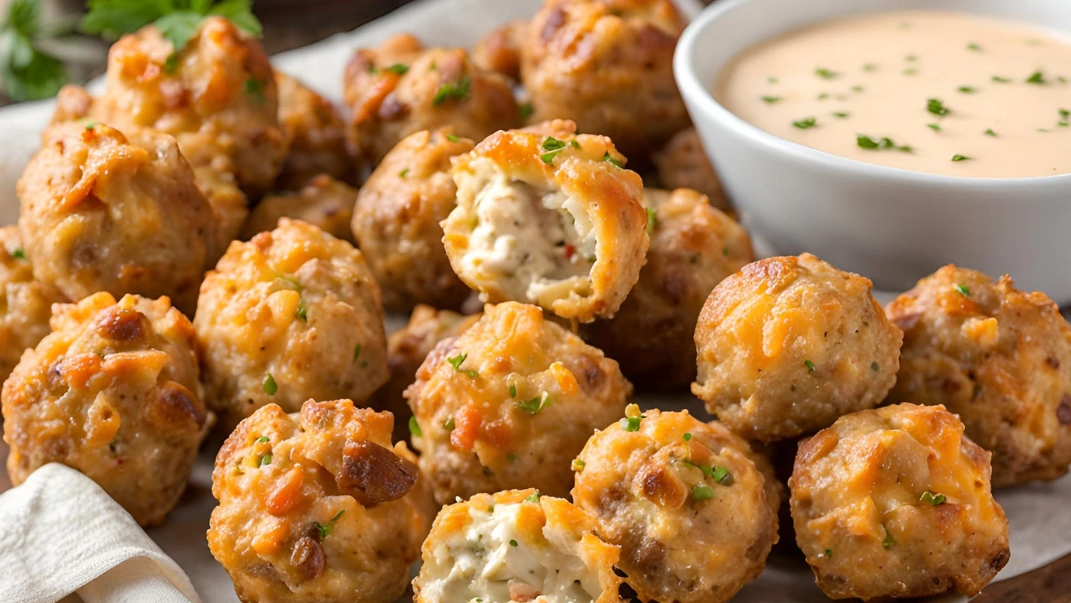 Golden-brown Rotel Cream Cheese Sausage Balls stacked on a white platter, with bits of sausage, cheese, and herbs visible, served with a small bowl of dipping sauce