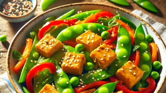 A vibrant Tofu Stir Fry with colorful vegetables like bell peppers, broccoli, and carrots, tossed in a savory soy-based sauce, served in a skillet