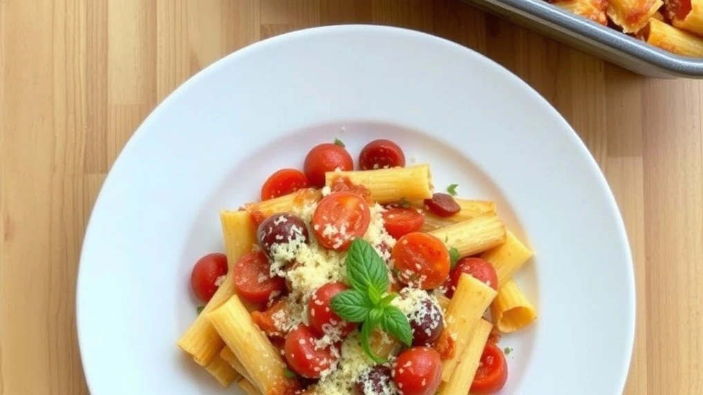 A golden-brown dish of Baked Mostaccioli Pasta, bubbling with melted cheese, featuring hearty pasta, rich tomato sauce, and garnished with fresh parsley in a casserole dish