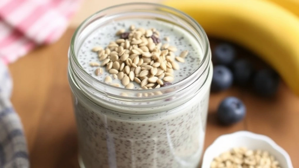 A glass jar filled with creamy chia seed pudding topped with fresh berries and a drizzle of honey, placed on a wooden table